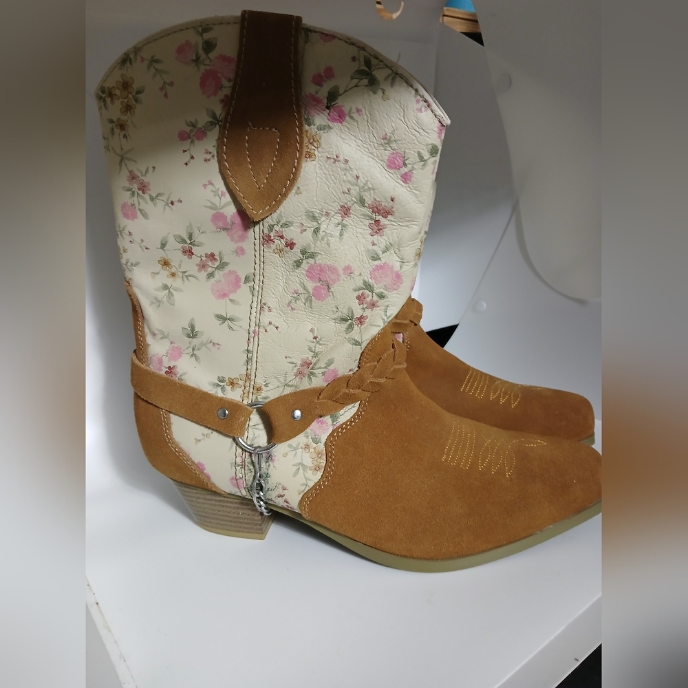 Santa Fe Boot Co Women 10M Tan Cream Floral Suede Leather Western Boots Festi